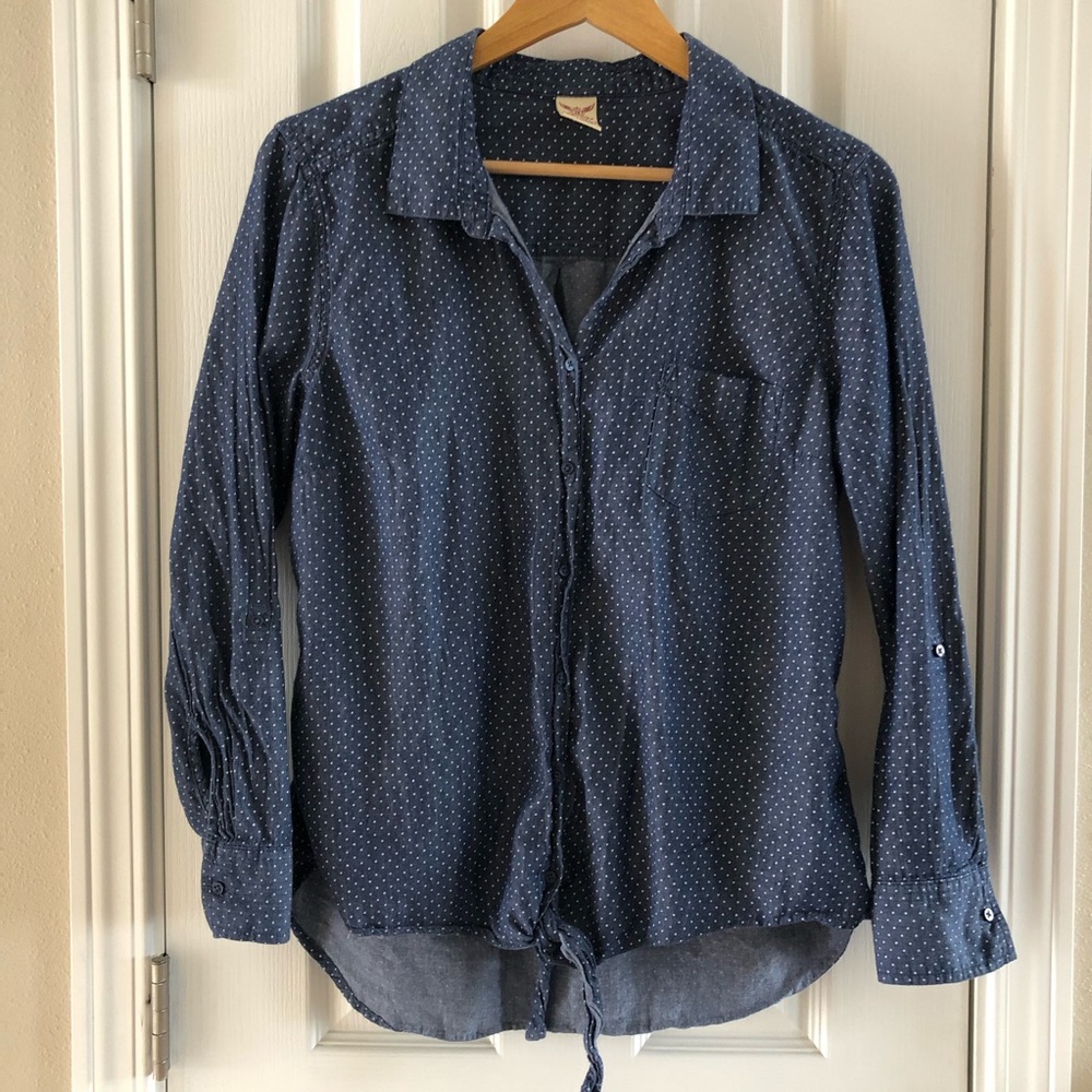 Chambray Tiny Polka Dot Tie Front Blouse
